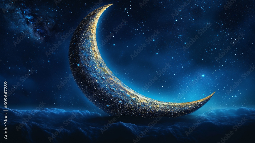 3D Crescent Moon Illuminating a Colorful Night Sky 3D Crescent Moon Illuminating a Colorful Night Sky