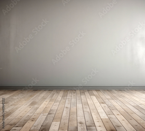 Empty room with wooden floor and grey wall.
