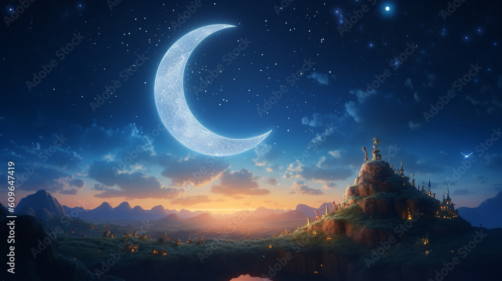 Naklejka premium Crescent moon against a mesmerizing sky islamic background 