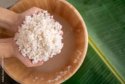 Photos Preparing sticky rice in steamer for cook ,Sticky rice with mango , glutinous rice , northeastern of thailand food
