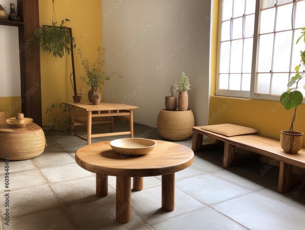 Fototapeta premium Yellow Japanese style living room with wooden decoration. Generative AI