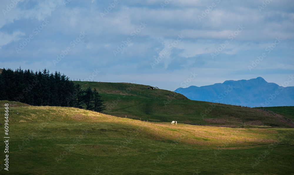 Scottish highlands during Summer with clouds and sun, with isolated cottage on its own Scottish highlands during Summer with clouds and sun, with isolated cottage on its own