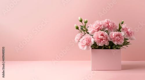 Carnation flower bouquet in pink box on pink background.