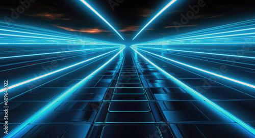 Futuristic corridor with glowing blue neon lights