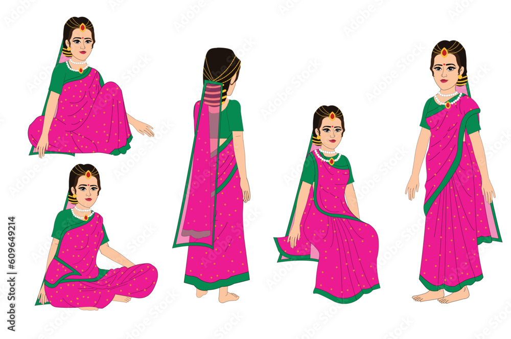 Indian Queen Woman With Red Saree Cartoon Character Set Indian Young indian-queen-woman-with-red-saree-cartoon-character-set-indian-young
