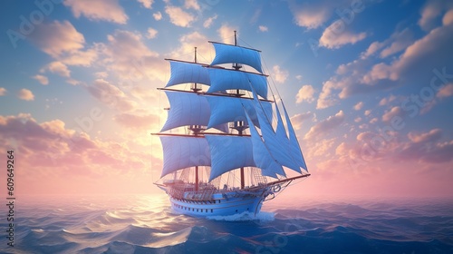 Large sailboat sailing in the sea of clouds dreamy background. Generative Ai