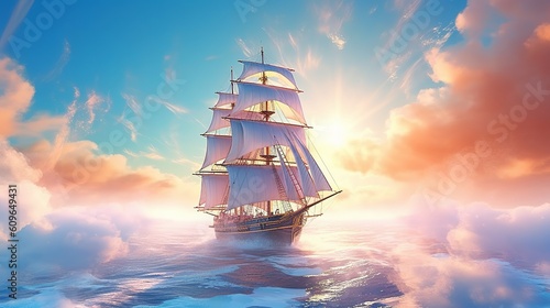 Large sailboat sailing in the sea of clouds dreamy background. Generative Ai