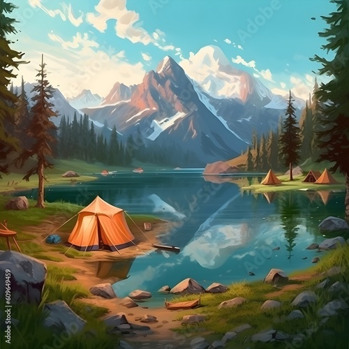 A campsite by the lake against the backdrop of mountains with a beautiful landscape