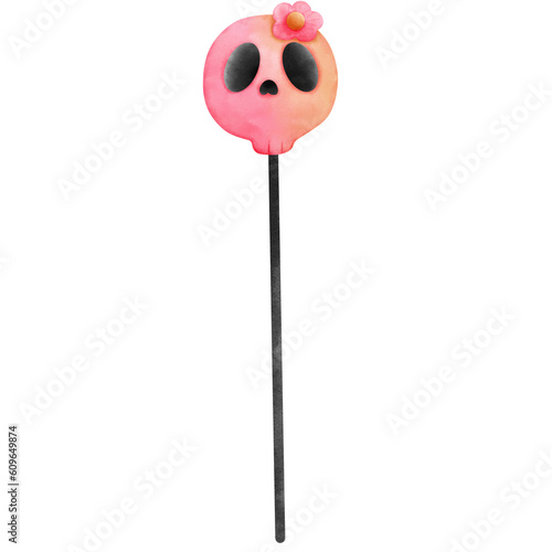 Watercolor cute skull with pink flower walking stick illustration.