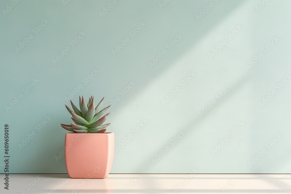 0544. Succulent in front of light pastel wall. Generative AI