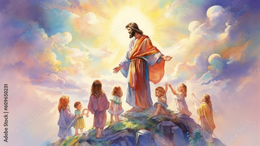 Fototapeta premium Jesus and his followers on top of a hill