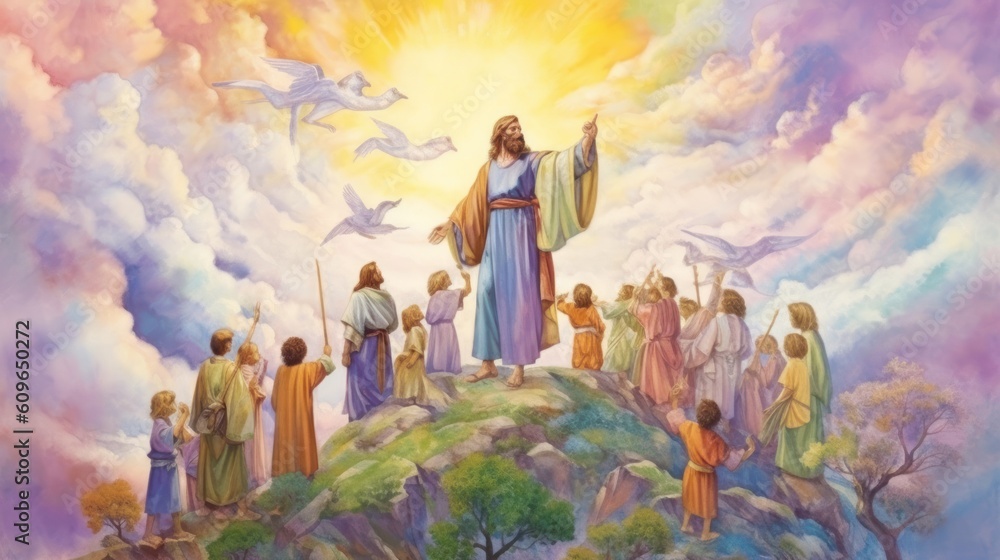 Fototapeta premium Jesus and his followers on top of a hill