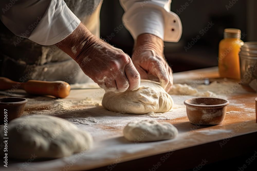 Male hands kneading dough on sprinkled with flour table, closeup. Ai generative