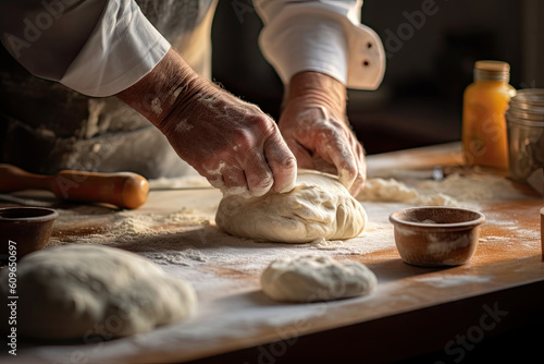 Fototapete Male hands kneading dough on sprinkled with flour table, closeup