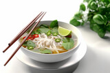 bowl lunch asian white dish background traditional soup food noodle broth. Generative AI.