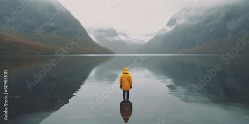 man mountain nature back lake rock yellow travel water hiking cape. Generative AI. © SHOTPRIME STUDIO