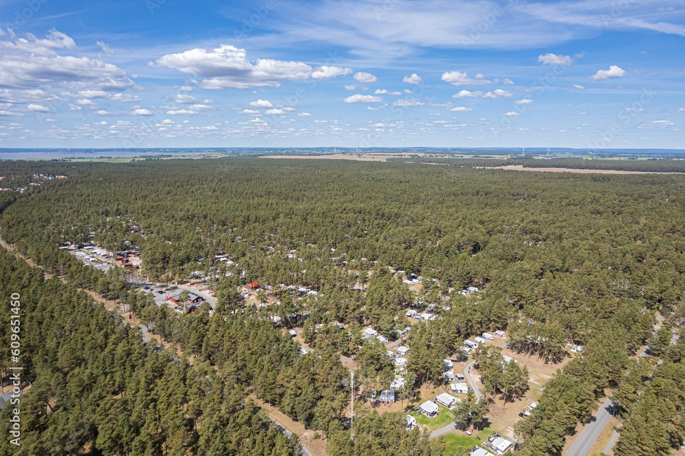 Aerial view of big forest with camping. Beautiful landscape of nature, many trees. Resort and recreational area, private houses, luxury real estate. Aerial view of big forest with camping. Beautiful landscape of nature, many trees. Resort and recreational area, private houses, luxury real estate.