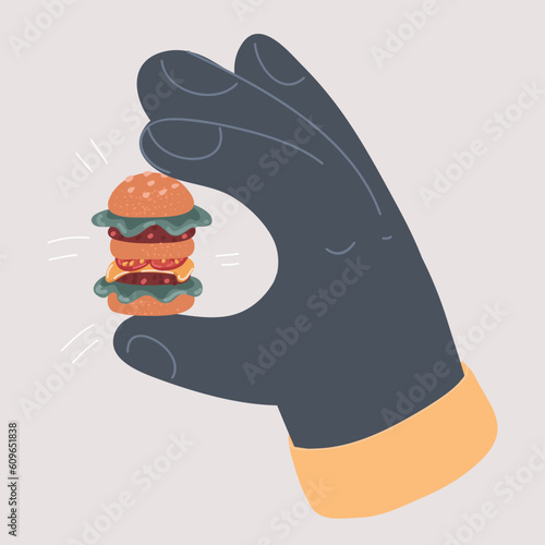 Vector illustration of Huge hand hold and tiny offering hamburger on plate to tiny girl.