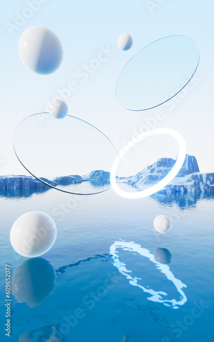 Abstract balls and glass with water surface background  3d rendering.