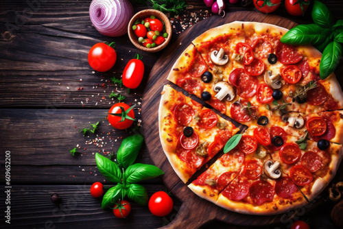 fast space food italian black food meal cheese pizza copy tasty tomato background. Generative AI.