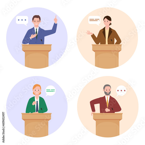 Politic public speech by politician on podium, circle icons set vector illustration. Cartoon male and female leaders in formal suits stand at tribune and agitate, characters speak at political debate