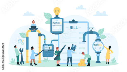 Payment of utility bills vector illustration. Cartoon tiny people check energy consumption on meter with magnifying glass, customers calculate cost of electricity, water and gas services on calculator