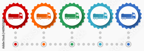 Truck, fuel cistern vector icon set, colorful infographic template, set of flat design badge icons in 5 color options