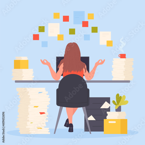 Paperwork in mess, bureaucracy and work overload vector illustration. Cartoon female employee sitting at table with big piles of paper documents and cup of coffee, girl in calm zen pose back view
