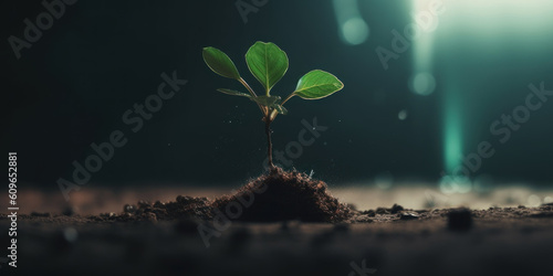 Green sprout growing out from soil. AI generative
