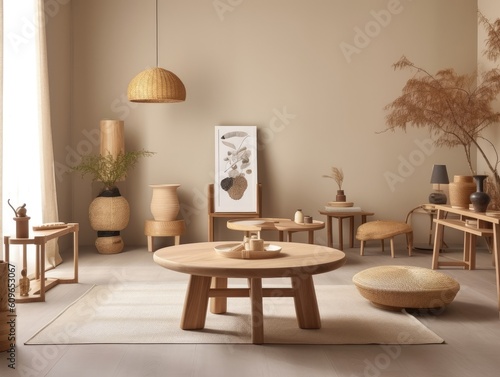 Yellow Japanese style living room with wooden decoration. Generative AI © Natee Meepian