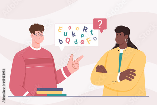 Problem of communication vector illustration. Cartoon smart man with glasses speaking words in technical jargon to confused woman, chaos from alphabet letters and question mark in speech bubbles