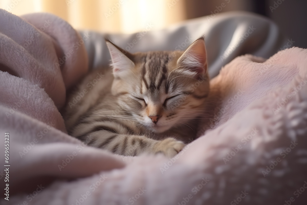 Sweet Cat Sleeping on a Throw - Generative AI