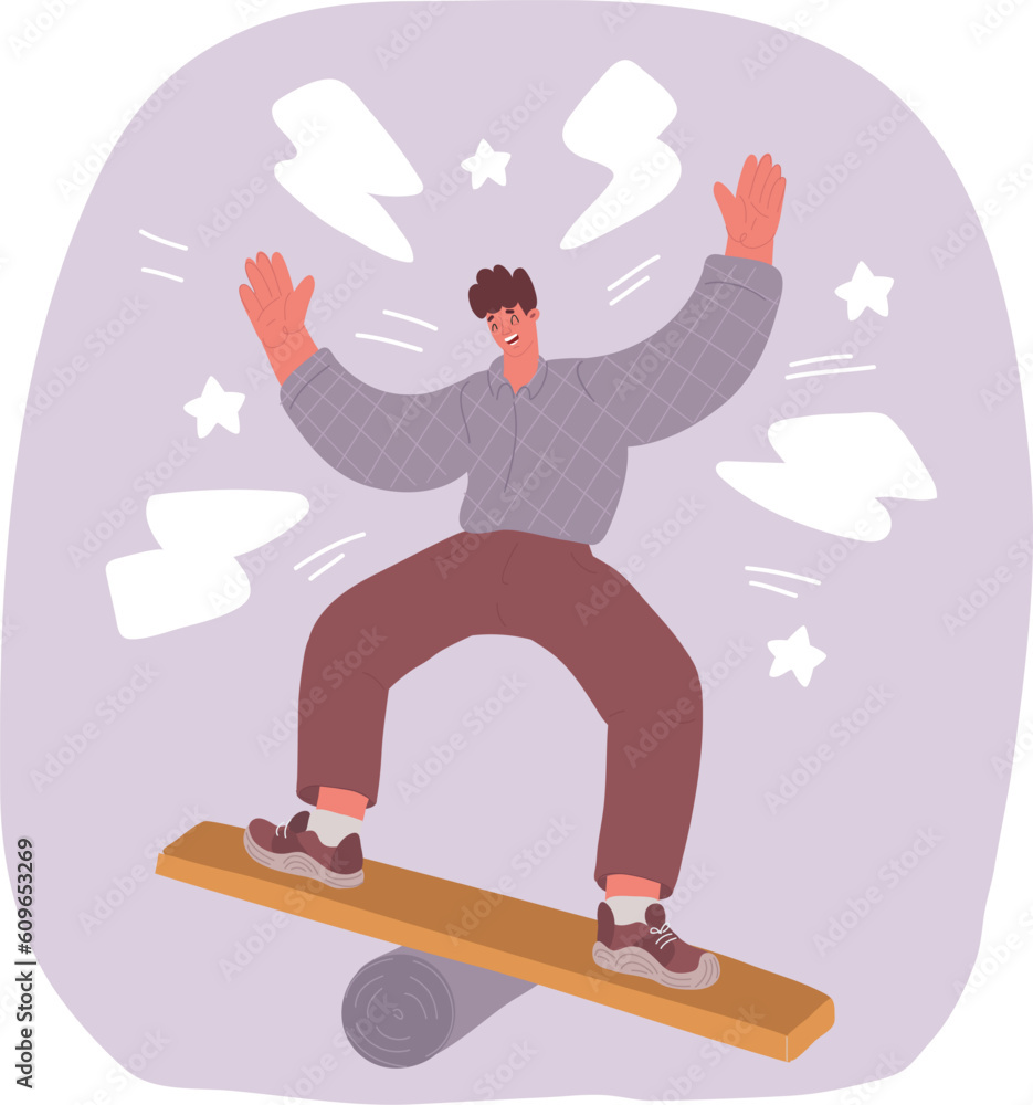 Vector illustration of Work life balance. Equality, Mental stability. Overcoming fear and hurdles. Man stand in the middle of the seesaw to keep balance.