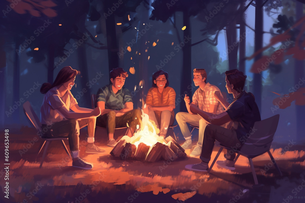 Group of friends sitting around a bonfire and sharing stories, Friends, Friendship day Generative AI Group of friends sitting around a bonfire and sharing stories, Friends, Friendship day Generative AI