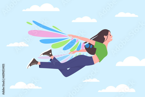 Happy girl flying on colorful wings in blue sky with clouds vector illustration. Cartoon cute free teen character dreaming about freedom and flight like bird, daydream and inspiration concept
