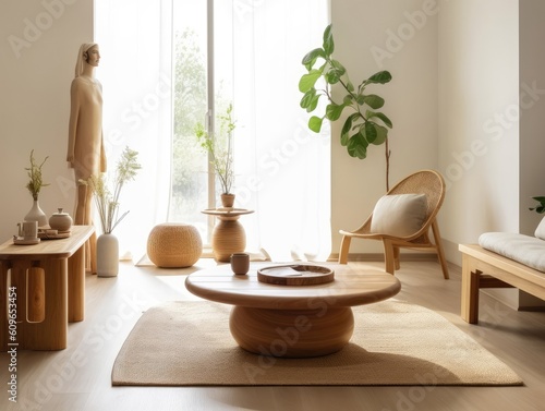 Yellow Japanese style living room with wooden decoration. Generative AI