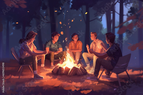 Group of friends sitting around a bonfire and sharing stories, Friends, Friendship day Generative AI photo
