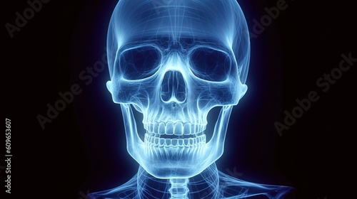 X-ray of human skull of a male, blue tone radiograph on a black background, Ai Generative