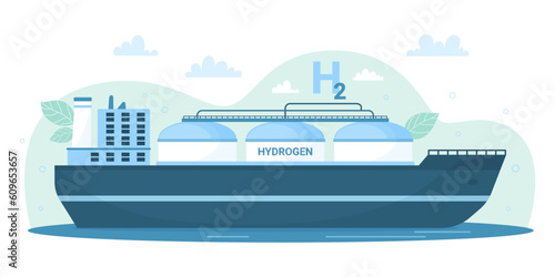Green hydrogen ship vector illustration. Cartoon transport boat with H2 tank, modern hydrogen carrier in sea waters, alternative eco friendly energy and sustainable fuel source transportation