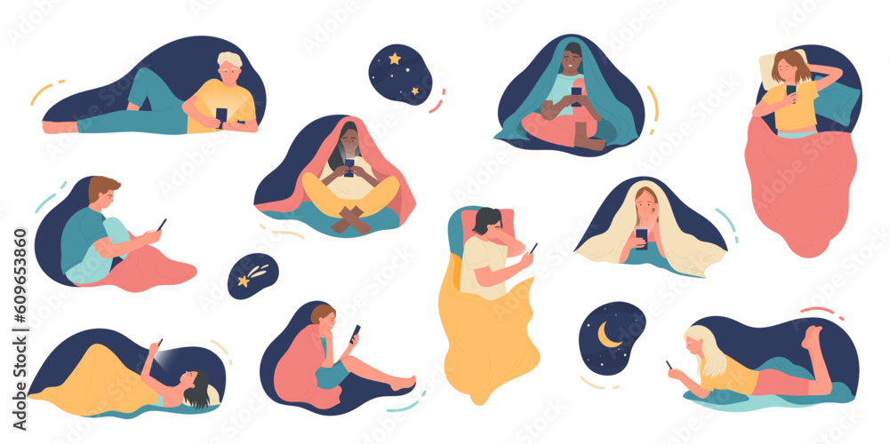 Naklejka premium Insomnia of mobile phone addicts at night set vector illustration. Cartoon isolated home bedroom scenes with woman and man lying and sitting with smartphones and tablets to play and read news