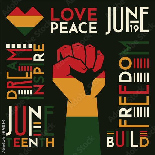 Hand with African Flag Colors and Inspire Words Around it for Juneteenth and Black Live Matters 