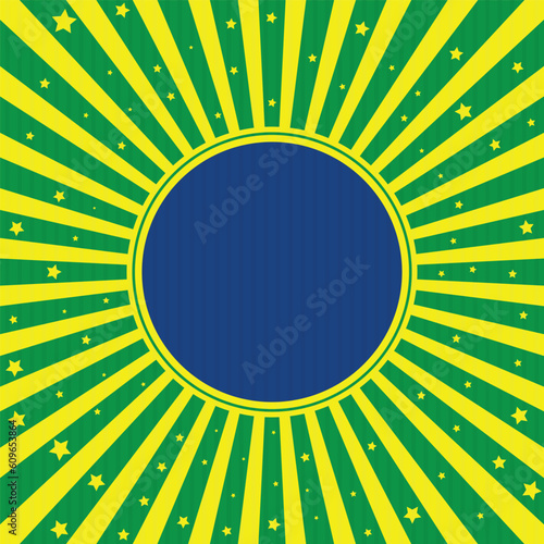 Vintage Brazilian day flag in green and yellow sunburst background with stars and colored circle