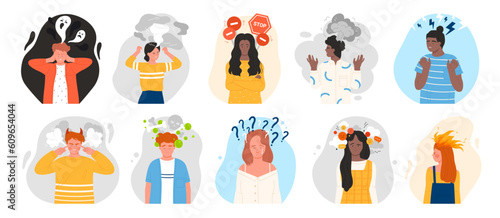 Negative thoughts and mood in people set vector illustration. Cartoon male and female characters with stress and anxiety in unhappy faces, bad weather, ghosts and questions over heads of pessimists © Flash concept