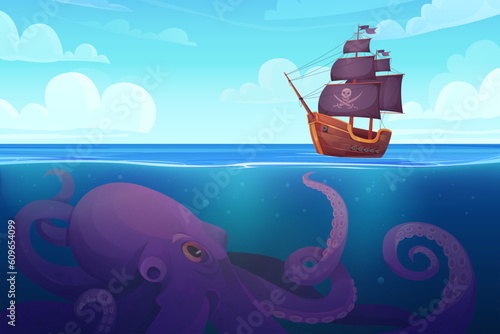 Cartoon sea or ocean game adventure background template with boat sailing for treasure chest and monster. Pirate ship and giant underwater octopus vector illustration