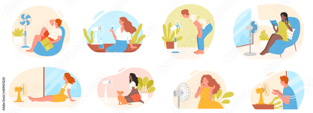 People cool off at fan in heat set vector illustration. Cartoon isolated hot summer scenes with woman and man, girl and boy cooling at electric ventilator blowing, sitting on home floor or chair People cool off at fan in heat set vector illustration. Cartoon isolated hot summer scenes with woman and man, girl and boy cooling at electric ventilator blowing, sitting on home floor or chair
