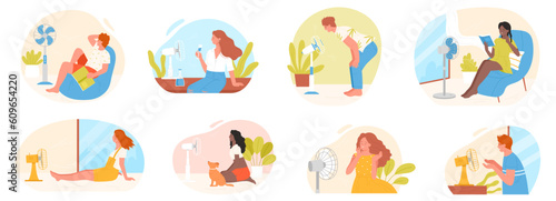 People cool off at fan in heat set vector illustration. Cartoon isolated hot summer scenes with woman and man, girl and boy cooling at electric ventilator blowing, sitting on home floor or chair