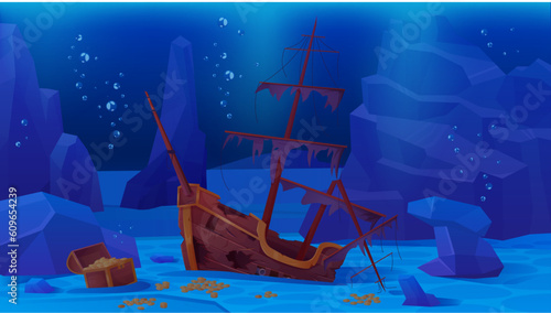 Valokuva Sunken pirate ship on sea or ocean bottom vector illustration