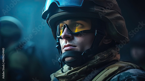 Portrait of a Ukrainian soldier in uniform. Generetive AI © Alexey
