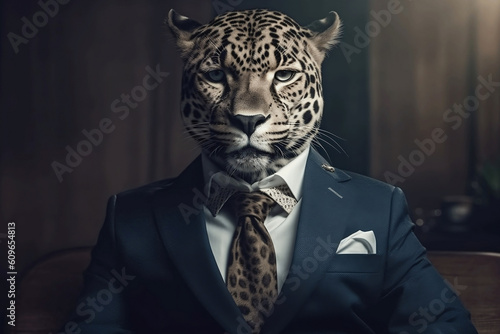 Portrait of a Jaguar dressed in a formal business suit  Boss Jaguar  created with generative AI