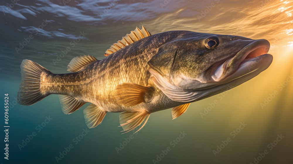 Fototapeta premium bass underwater for fishing concept created with Generative AI technology